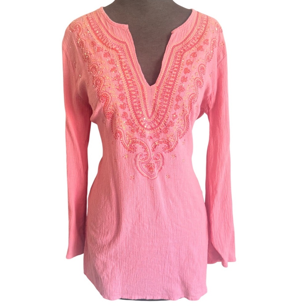 Merona Womens Pink Cotton Gauze Embroidered Sequin Tunic Top Size M Boho Peasant